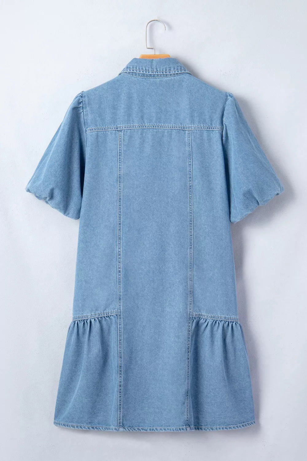 Button Down Short Puff Sleeve Ruffle Hem Denim Dress in Light Blue, view 8