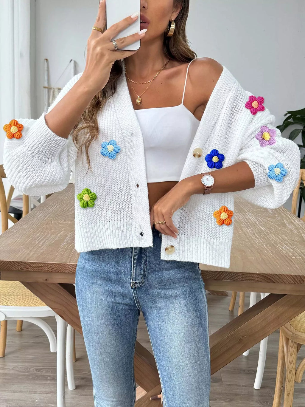 3D Floral Appliques Button Up Cardigan - Lilixa.store