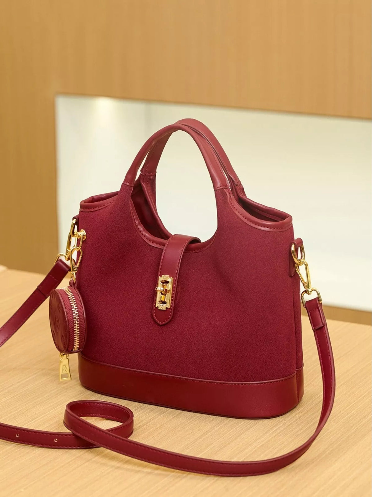 Suede Crossbody Bag with Detachable Coin Pouch in Wine Red, view 9