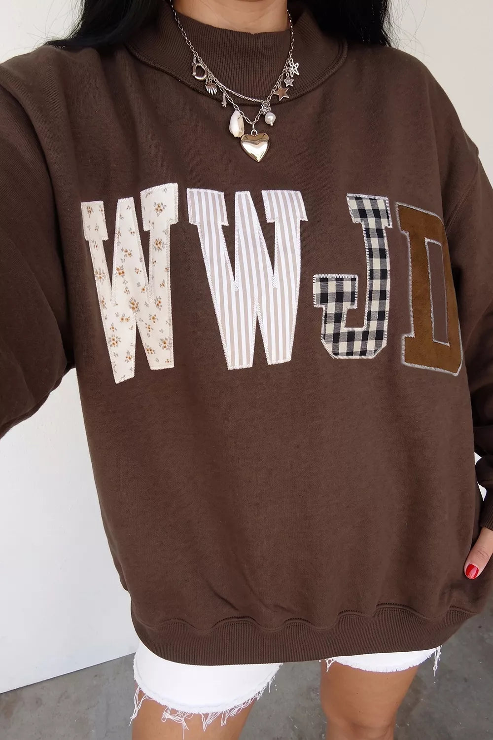 WWJD Mixed Pattern Embroidered Patch Graphic Mock Neck Sweatshirt in Dark Brown, view 2