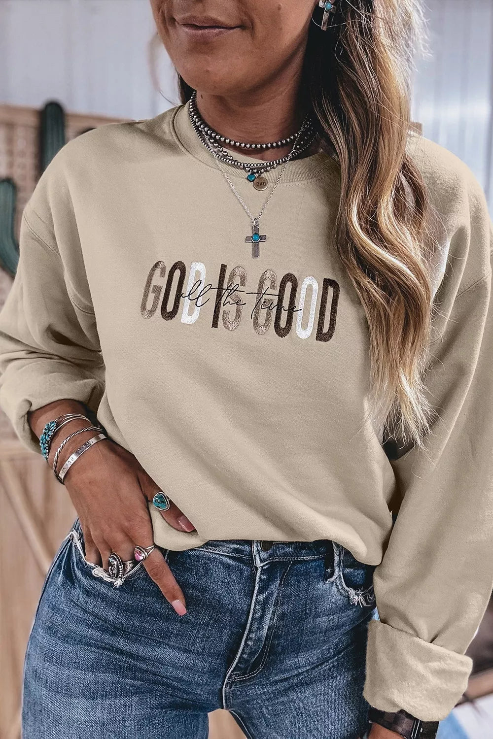 God Is Good Letter Graphic Crew Neck Sweatshirt - Lilixa.store