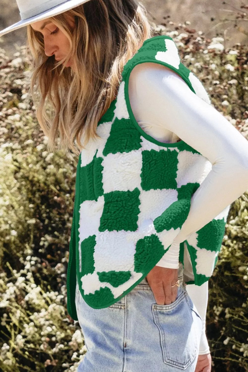 Checkerboard Fleece Sherpa Vest Coat - Lilixa.store