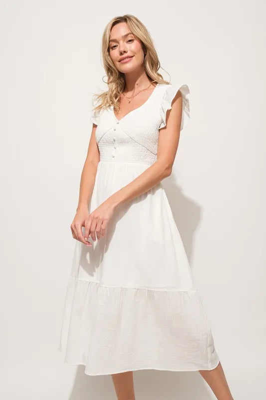 And The Why Ruffle Sleeve Front Smocked Tiered Midi Dress - Lilixa.store