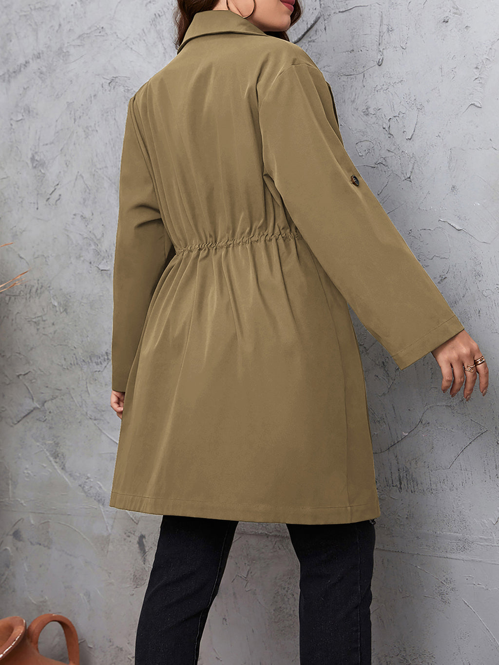 Honey Plus Size Lapel Collar Drawstring Roll-Tab Sleeve Trench Coat - Lilixa.store