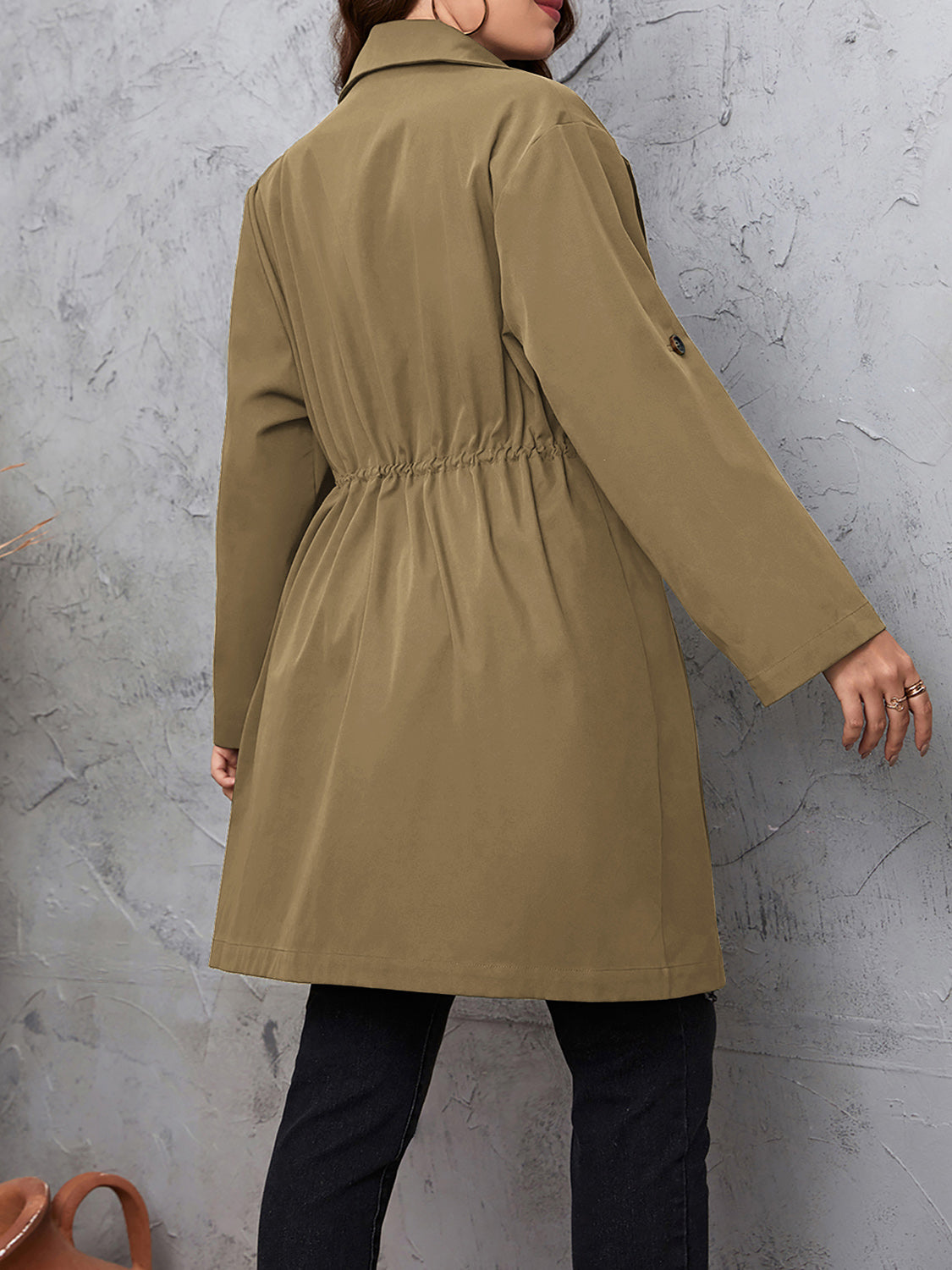 Honey Plus Size Lapel Collar Drawstring Roll-Tab Sleeve Trench Coat - Lilixa.store