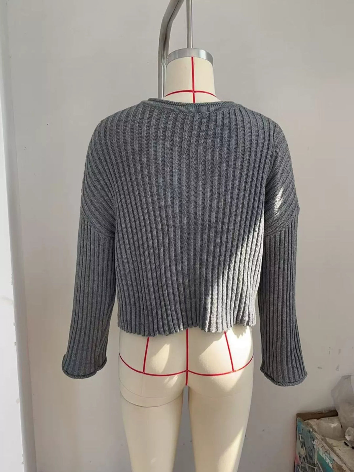 Ribbed Lace-Up Crop Sweater, view 7