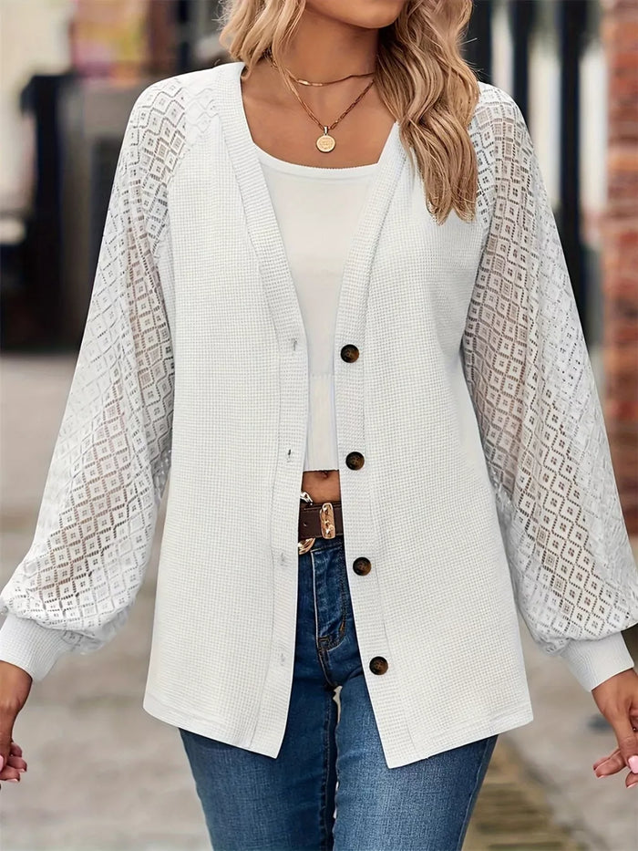 Button Up V-Neck Long Sleeve Outerwear in White