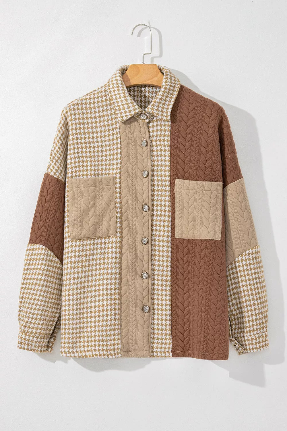 Button Down Houndstooth Color Block Shacket, view 2