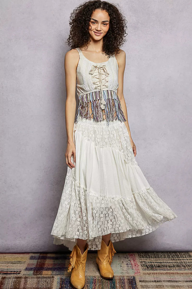 POL Lace-Up Fringe Hem Tank with Lace Detail - Lilixa.store