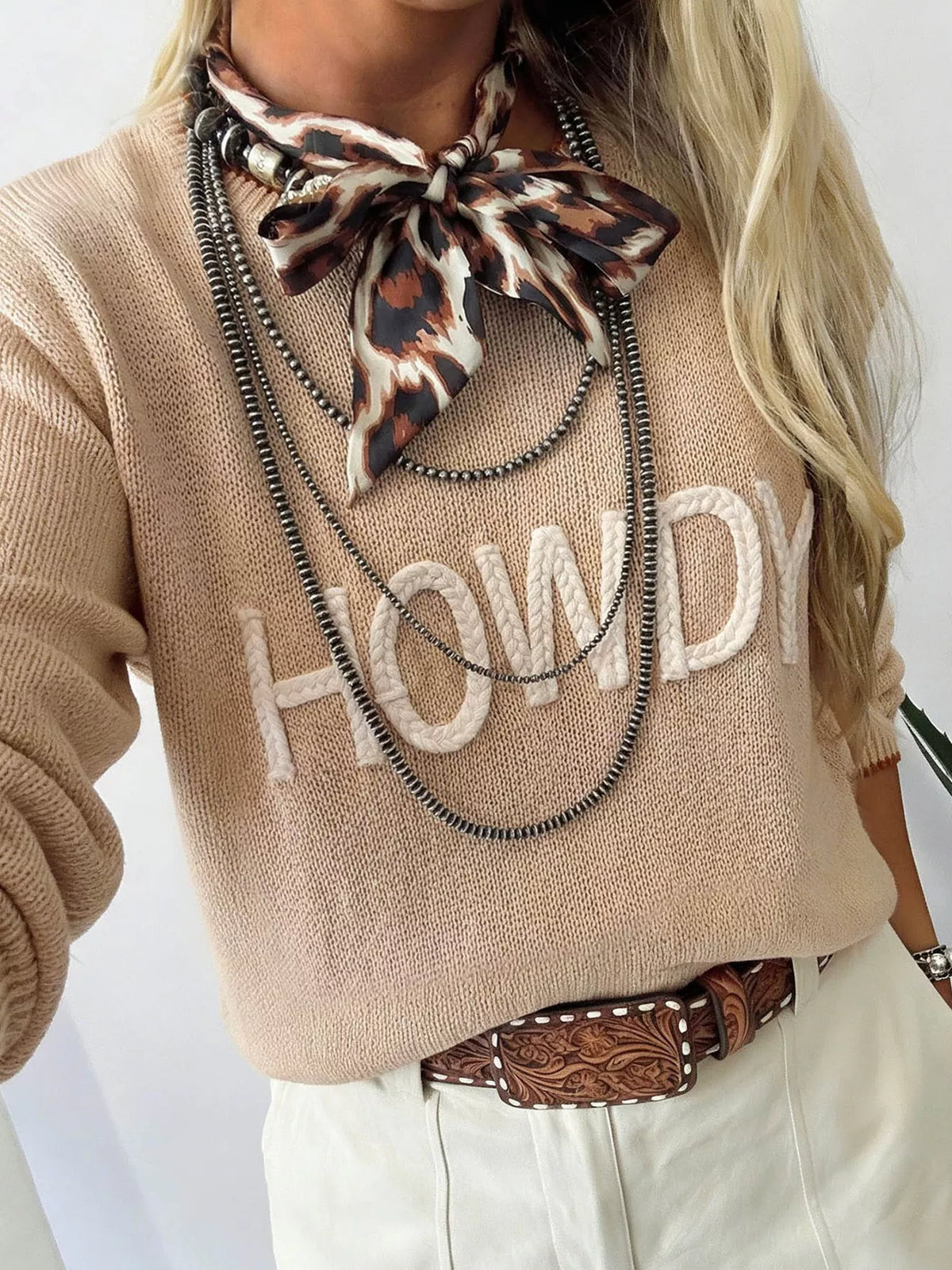 Parchment Corder HOWDY Letter Graphic Crew Neck Relaxed Sweater