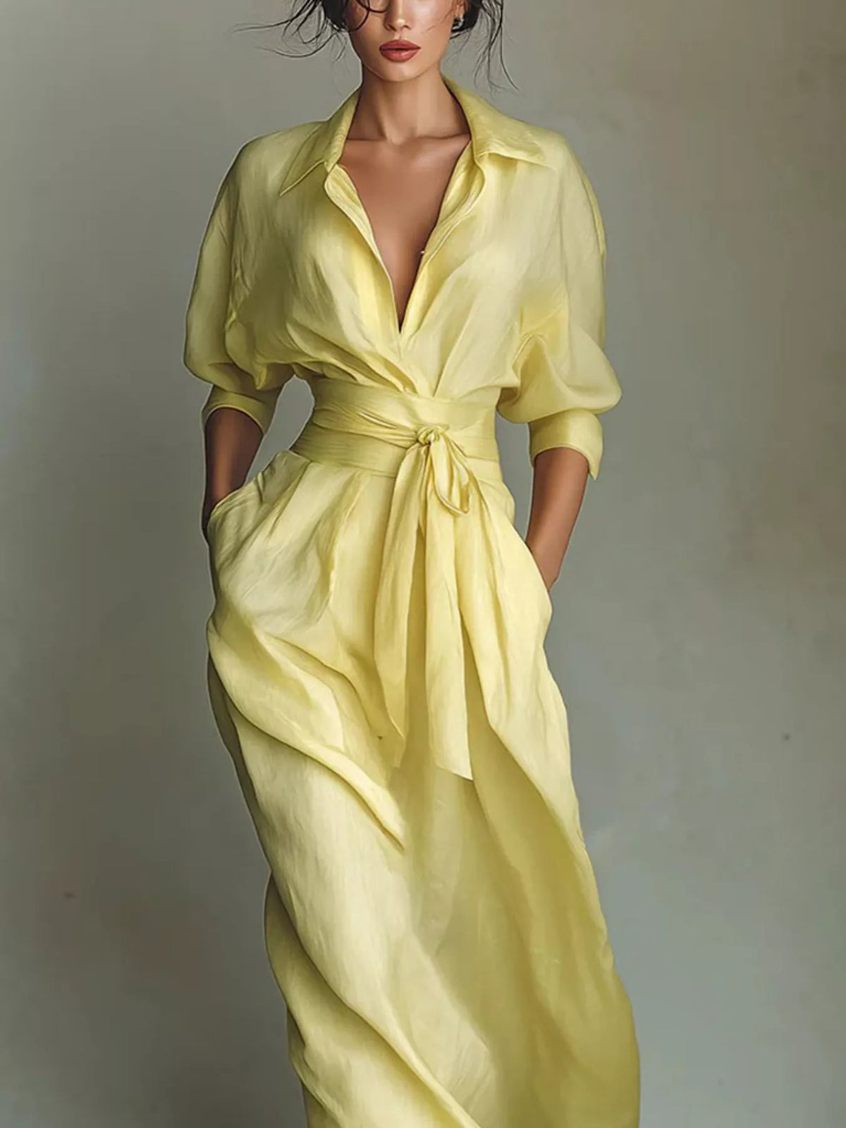 Shirt Maxi Dress with Waist-Defining Sash, view 3