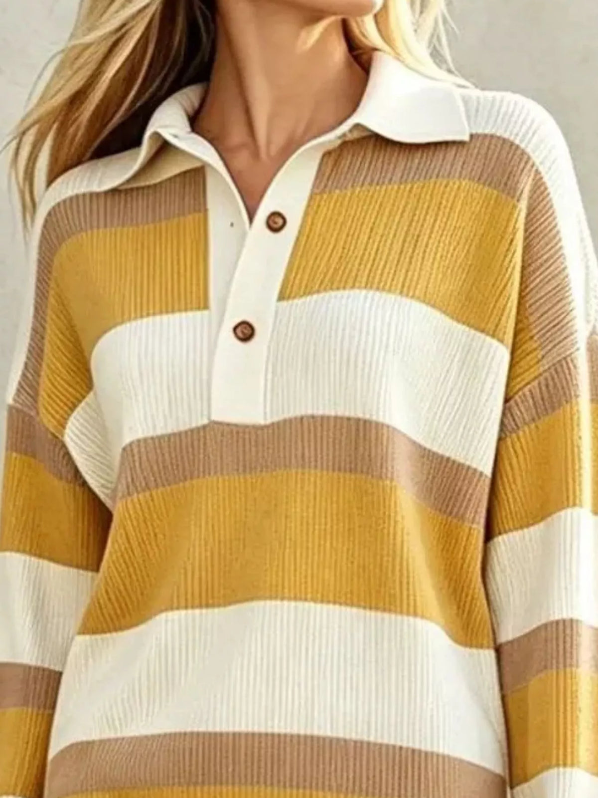 Striped Polo Collar Long Sleeve Sweater Dress - Lilixa.store