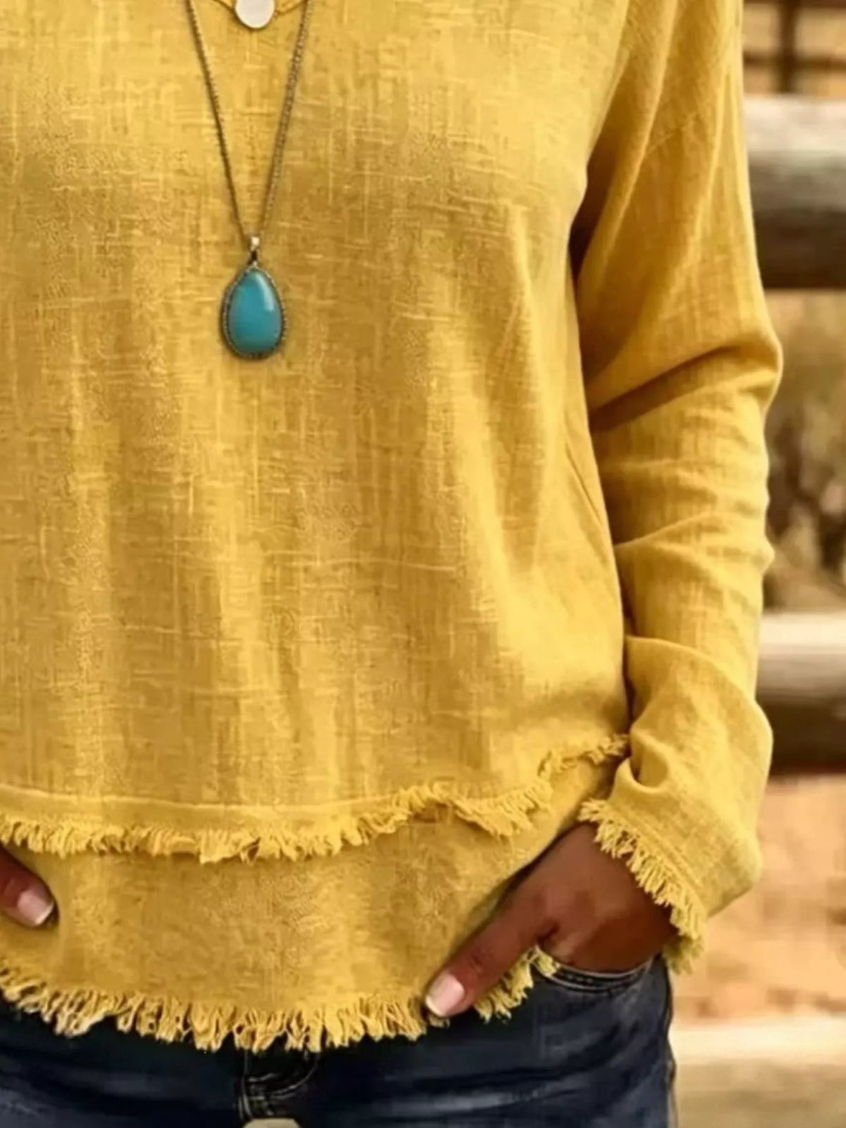 V-Neck Long Sleeve Blouse with Frayed Hem Detail - Lilixa.store