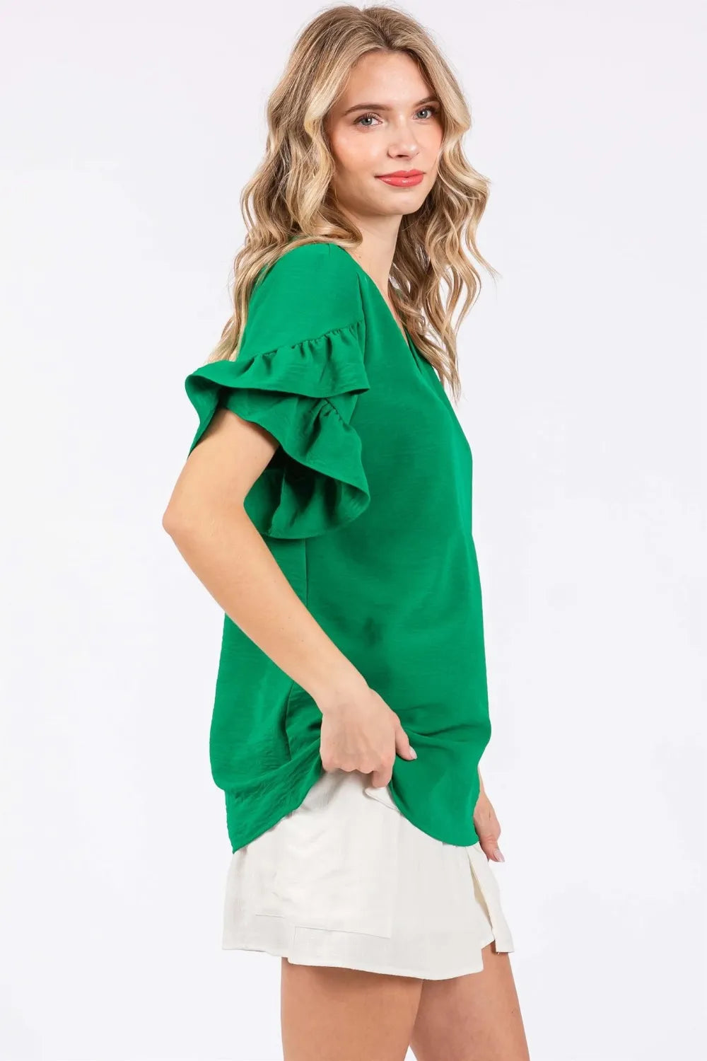 GeeGee Ruffled Short Sleeve V-Neck Blouse - Lilixa.store
