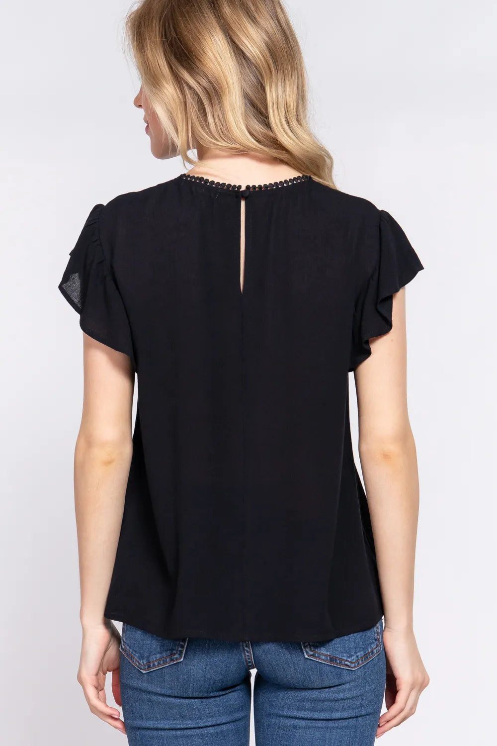 ACTIVE BASIC Ruffle Short Sleeve Crochet Blouse - Lilixa.store