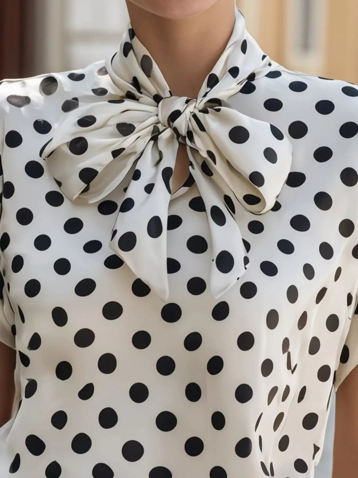 Polka Dot Bow Tie Blouse in White, view 3