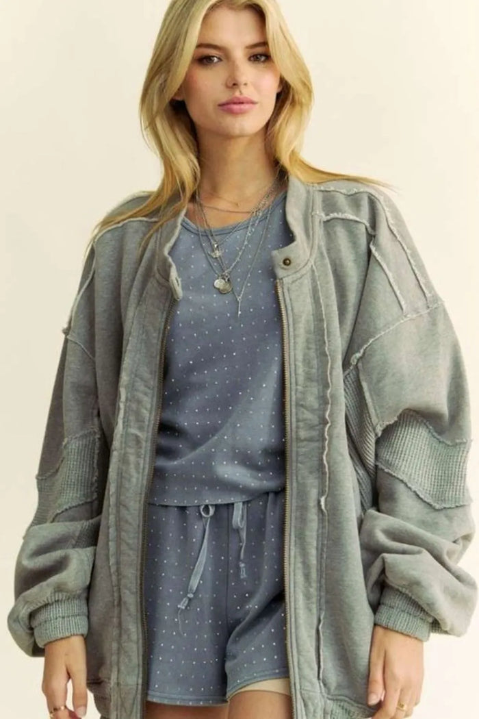 Davi & Dani Exposed Seam Zip Up Dropped Shoulder Jacket in Grey