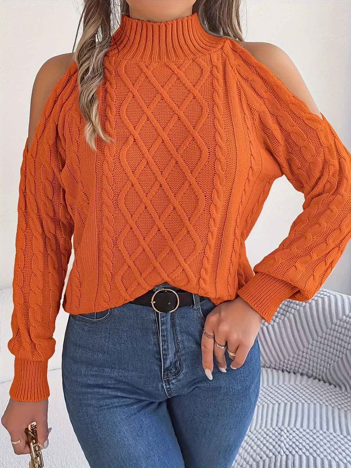 Cold-Shoulder Cable Knit Sweater, view 2
