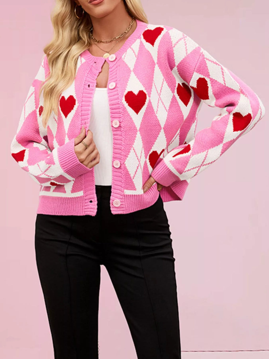 Argyle Heart Pattern Button-Up Knit Cardigan - Lilixa.store