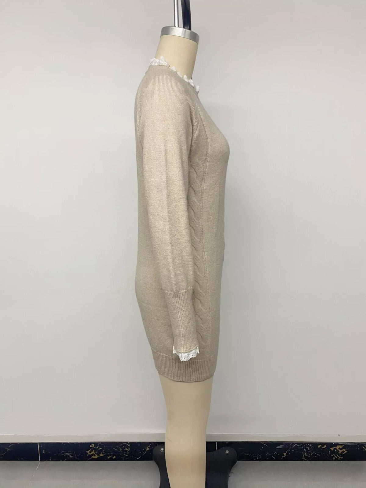 Cable Knit Raglan Sleeve Sweater Dress in Khaki, view 7
