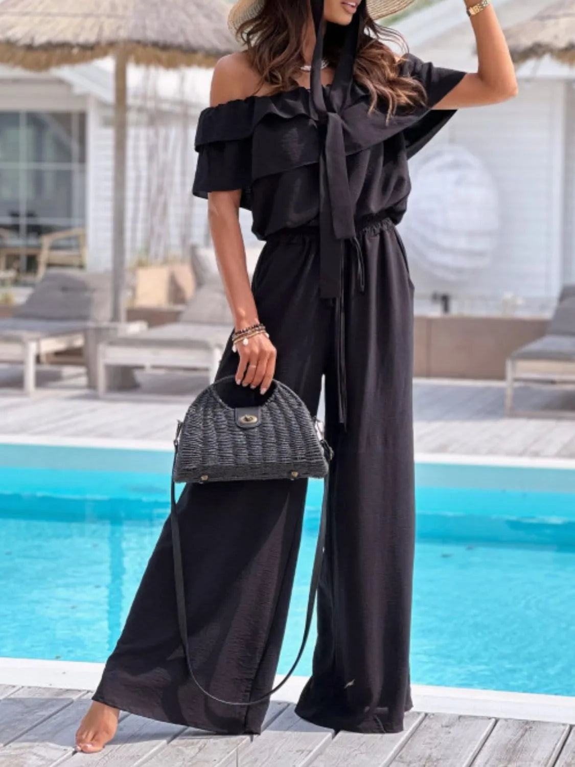 Off-Shoulder Ruffled Wide Leg Jumpsuit - Lilixa.store