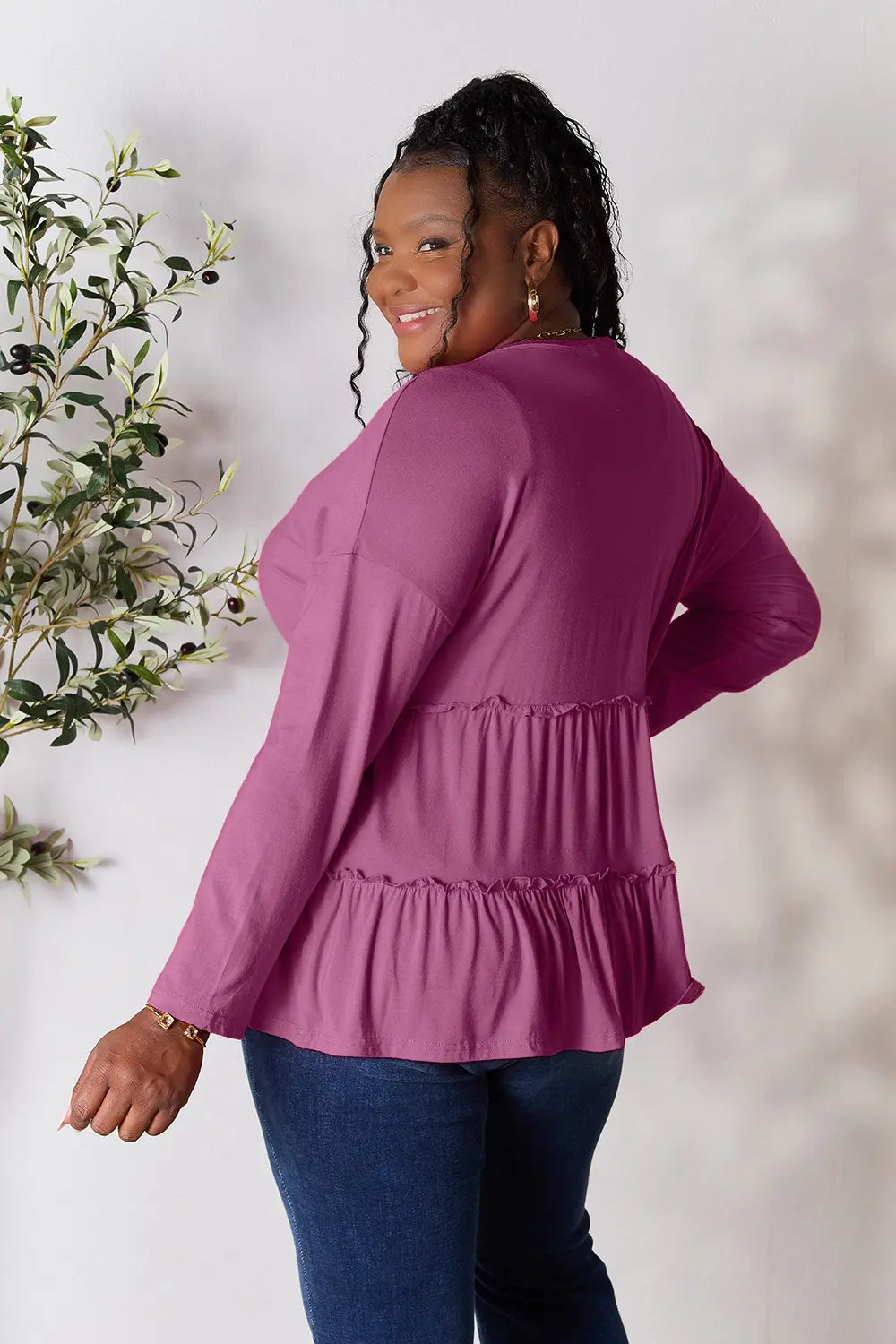 Double Take Half Button Long Sleeve Ruffle Hem Blouse - Lilixa.store
