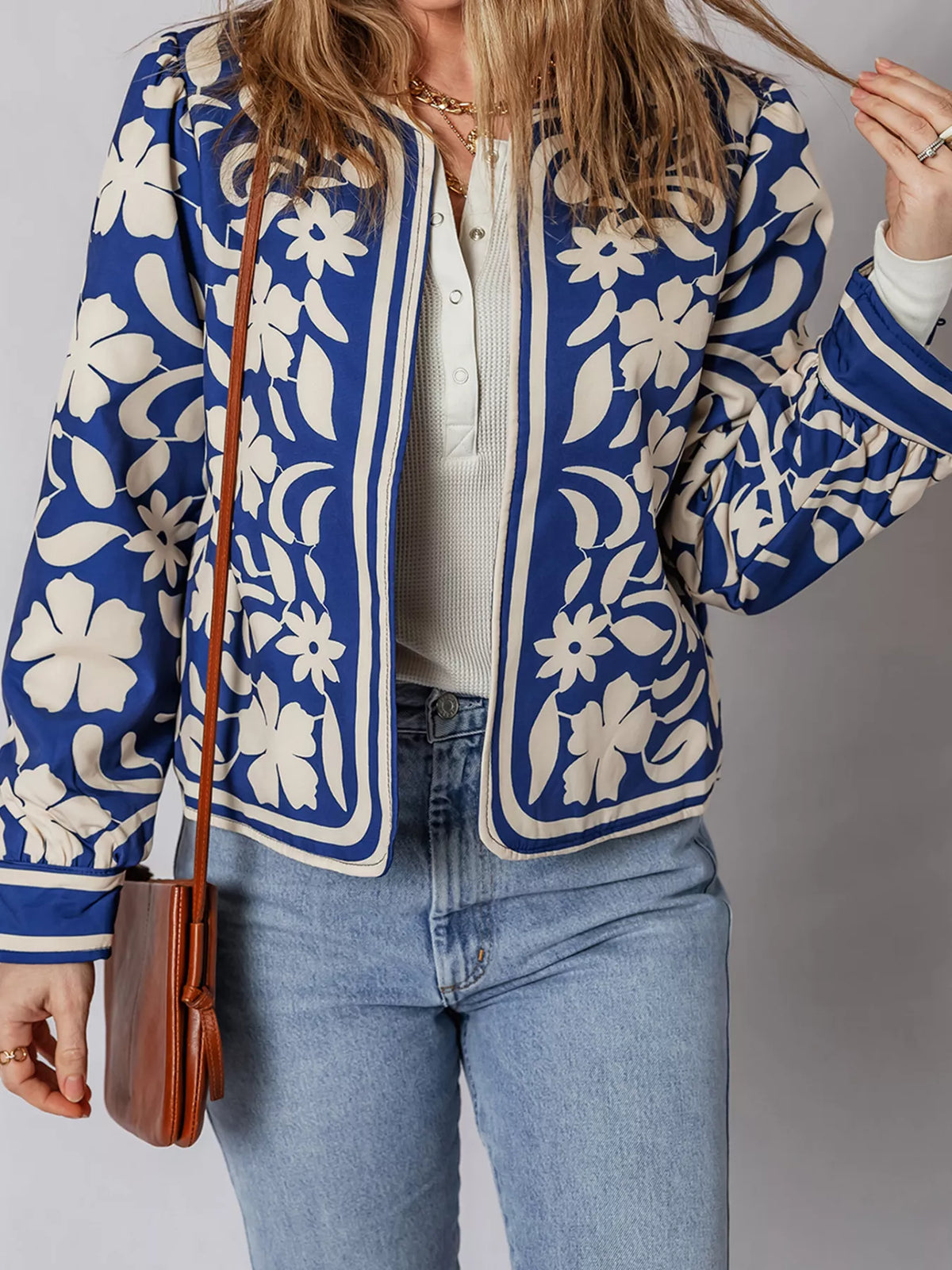 Flower Print Open Front Buttoned Cuffs Elegant Jacket in Dusty Blue, view 3