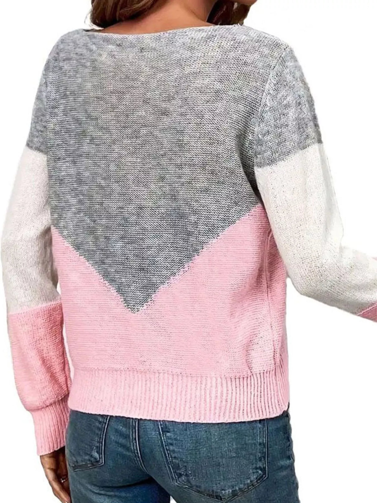 Openwork Color Block Long Sleeve Sweater - Lilixa.store