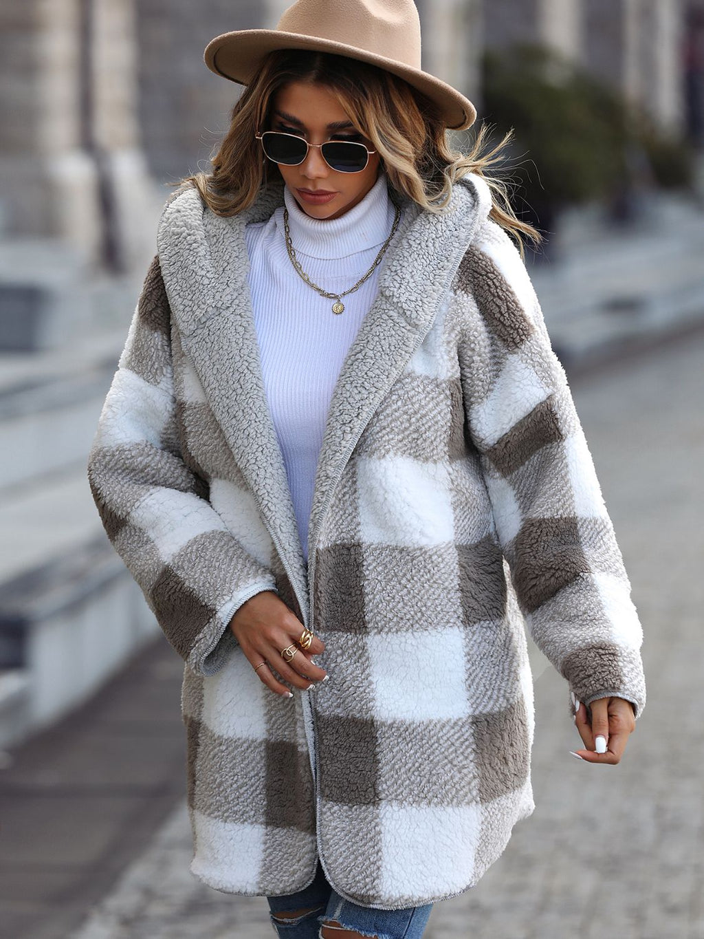 Plaid Open Front Hooded Coat - Lilixa.store