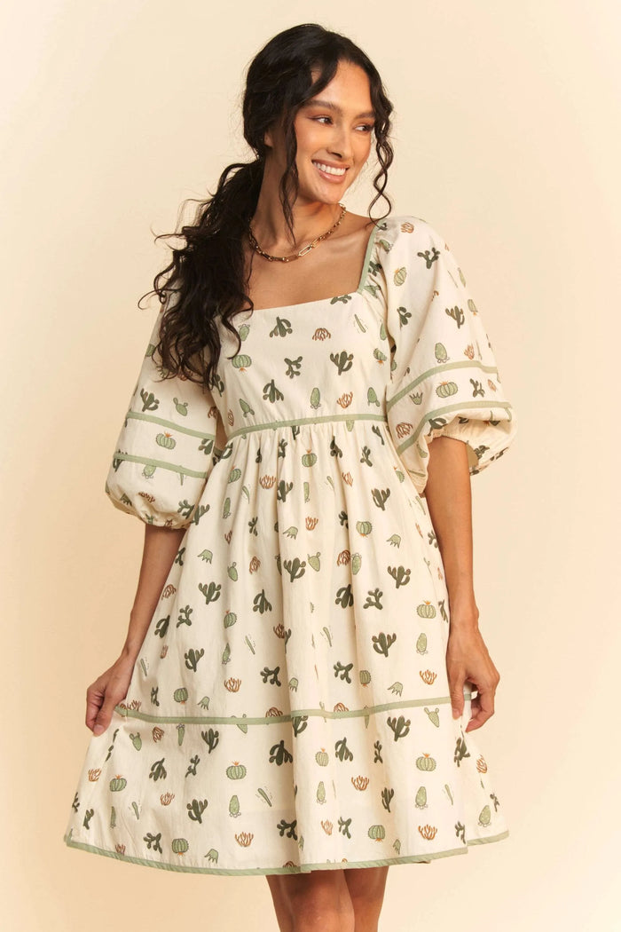 Davi & Dani Cactus Printed Poplin Contrast Piping Mini Dress - Lilixa.store