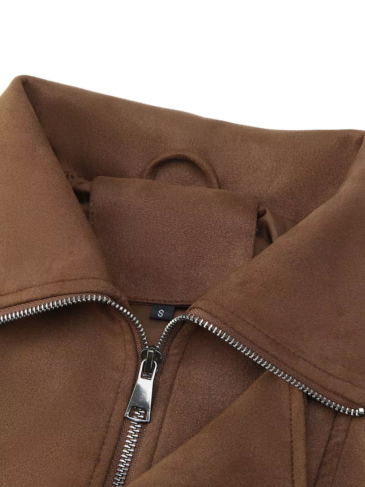 Asymmetrical Zipper Moto Jacket with Belt Detail in Brown, view 5
