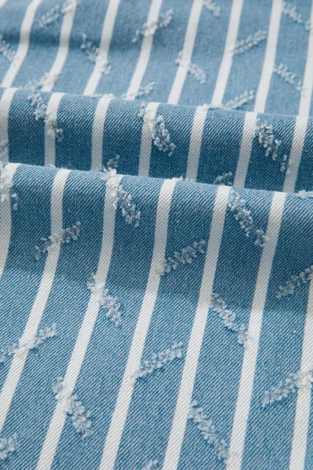Striped Distressed Ruffled Wide Leg Denim Overalls in Light Blue, view 11