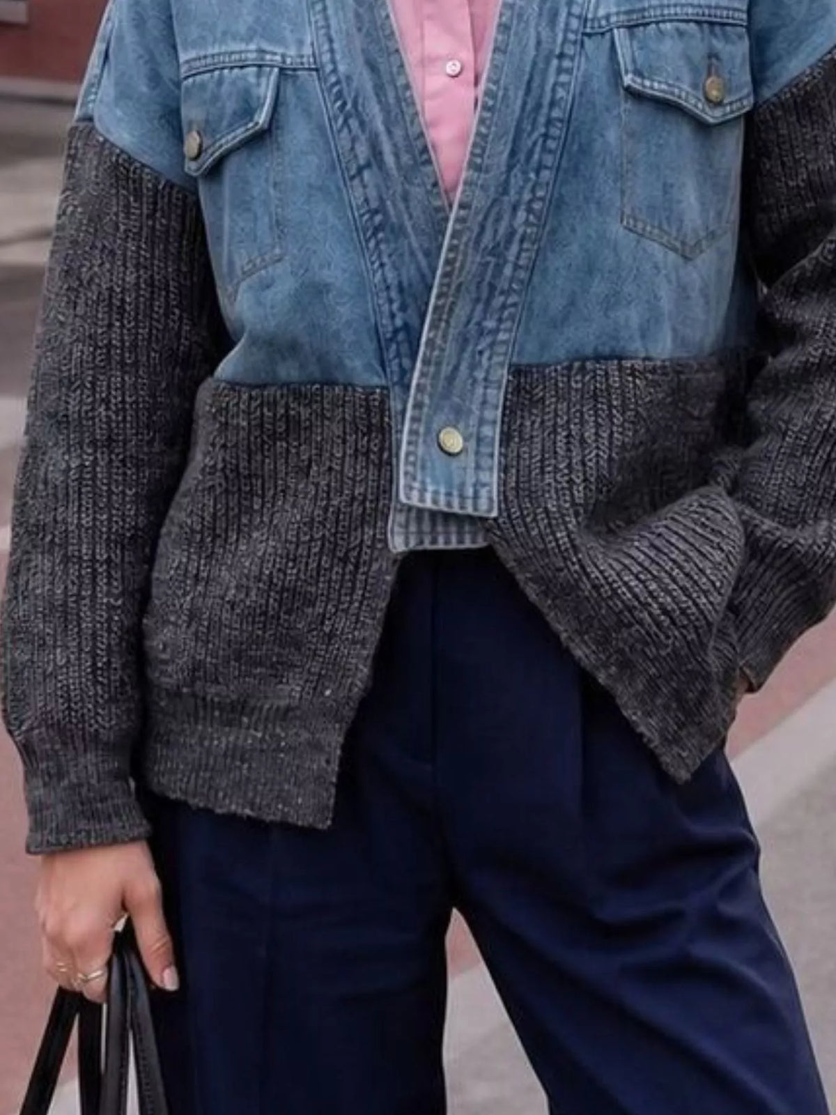 Contrast Denim and Knit Patchwork Cardigan - Lilixa.store