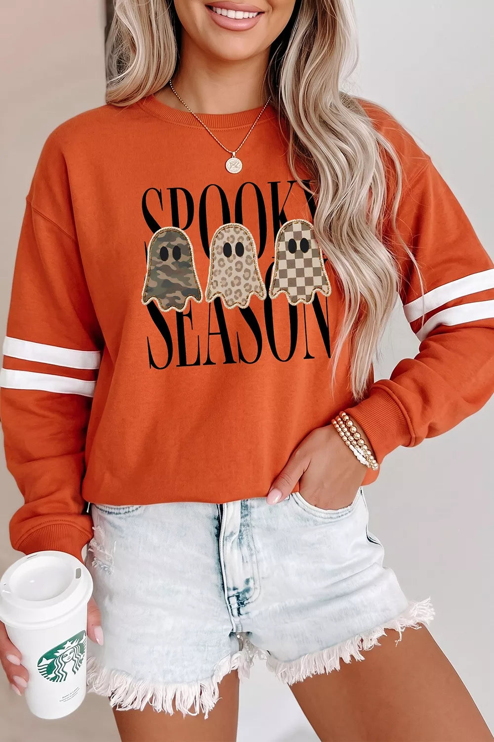 Spooky Season Ghost Graphic Varsity Striped Sleeve Halloween Pullover Sweatshirt - Lilixa.store