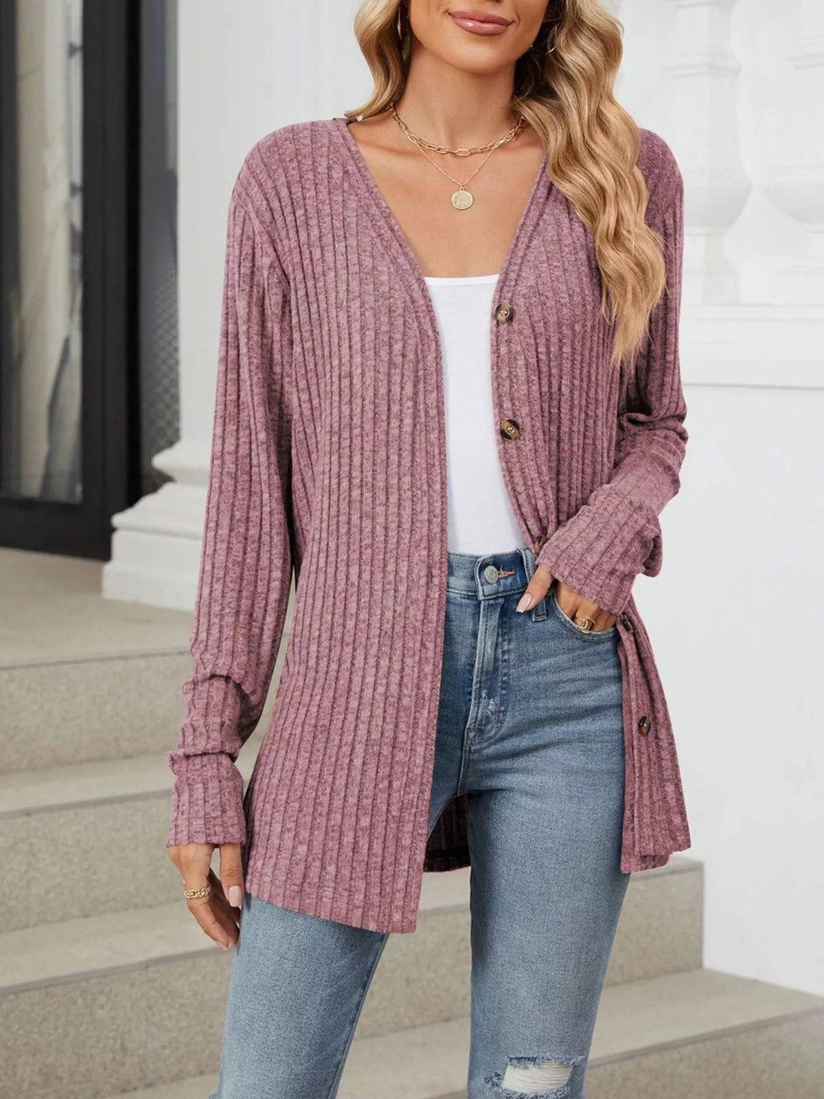 Ribbed Button-Up Cardigan - Lilixa.store