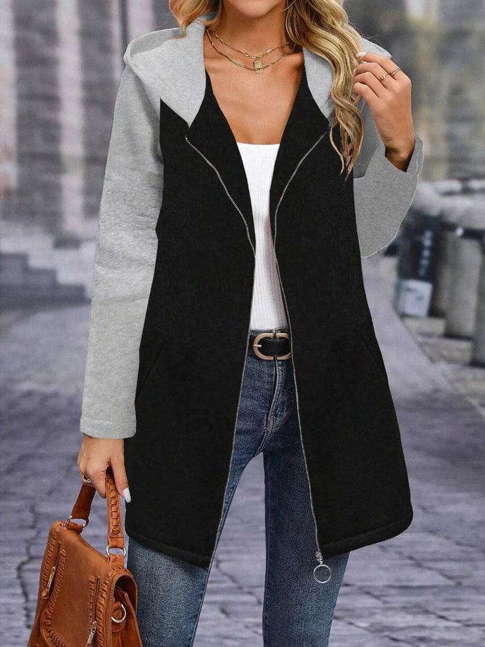 Full Size Zip Up Hooded Longline Outerwear Plus Size in Black