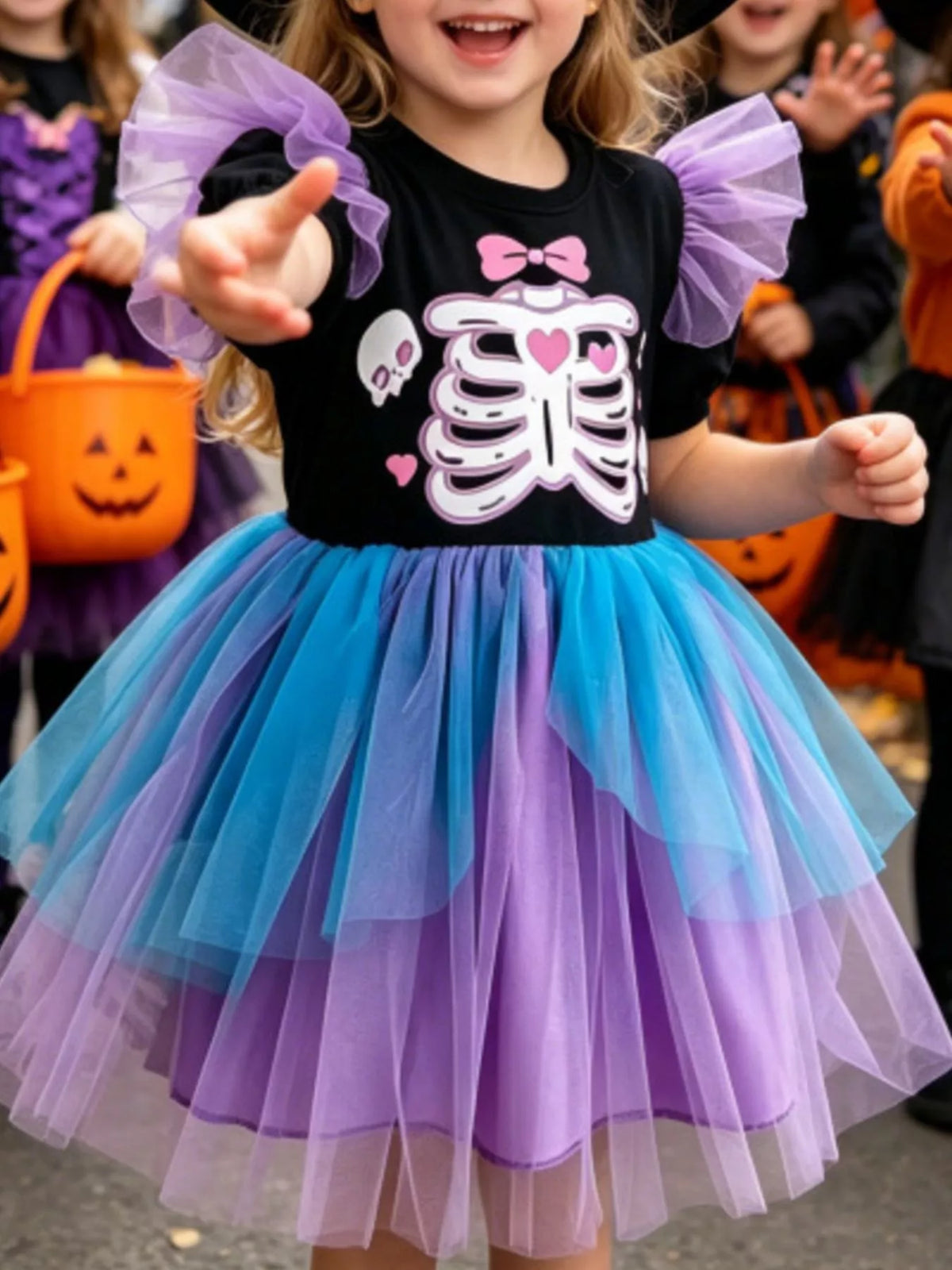 Children's Halloween Skeleton Graphic Tulle Tutu Dress - Lilixa.store