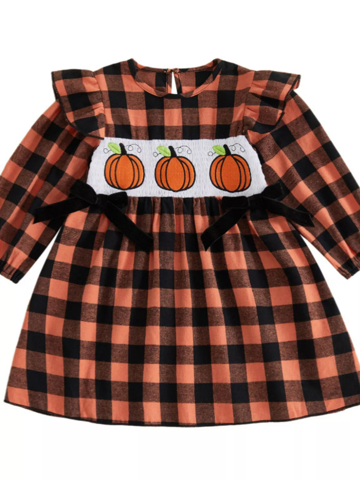 Children's Halloween Plaid Pumpkin Smocked Dress - Lilixa.store