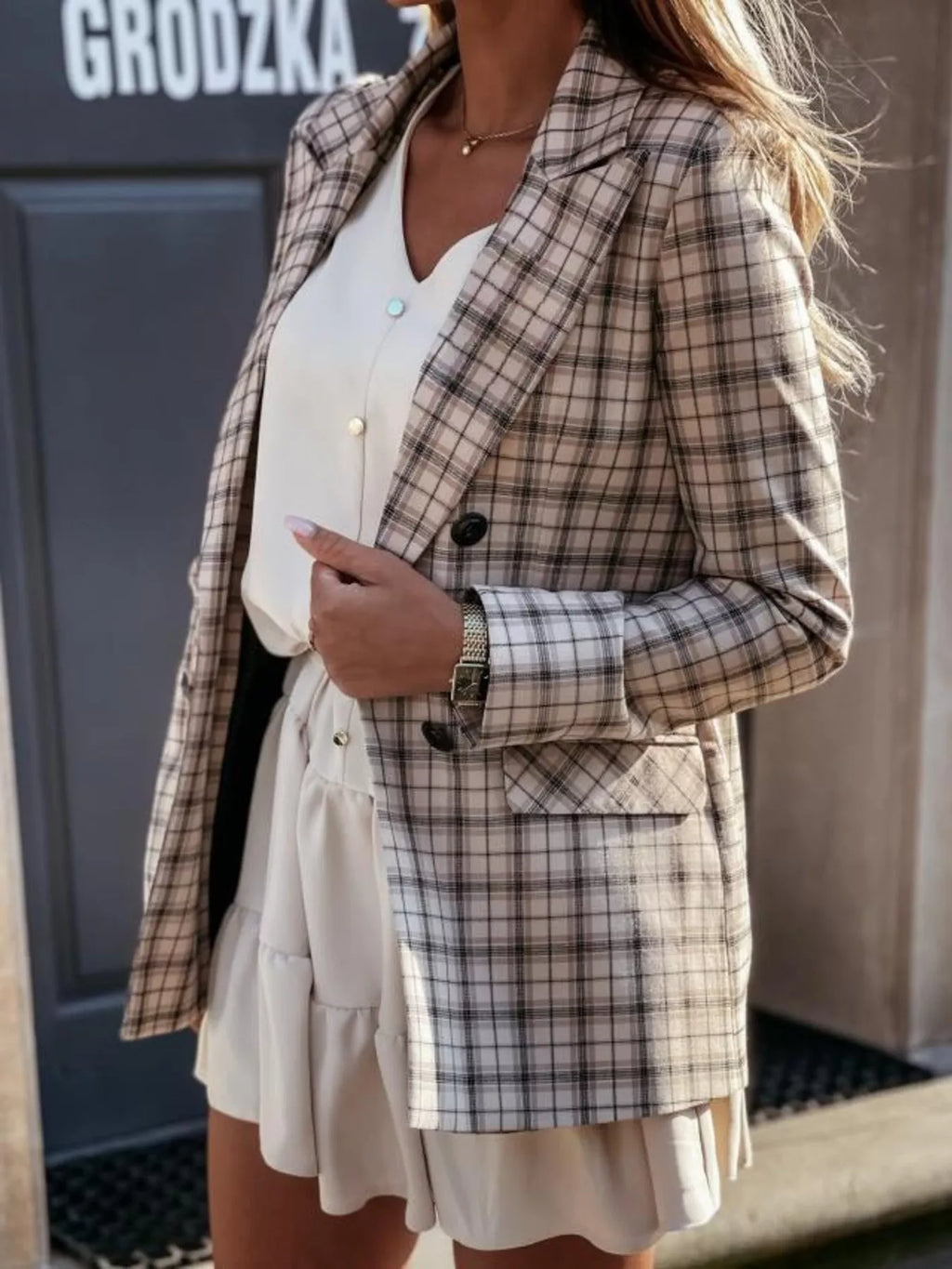 Houndstooth Double-Breasted Blazer - Lilixa.store