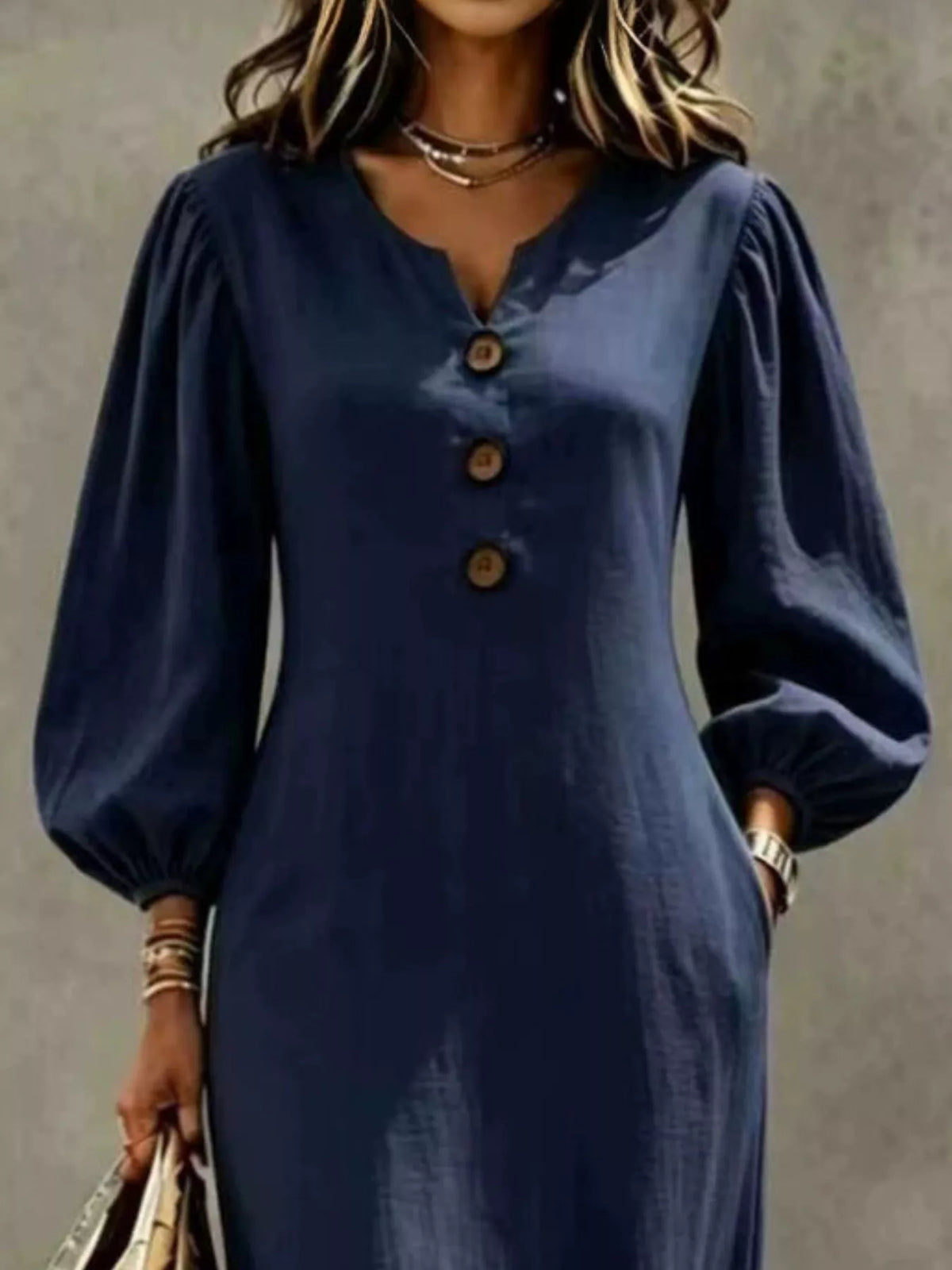 Decorative Button Balloon Sleeve Maxi Dress - Lilixa.store