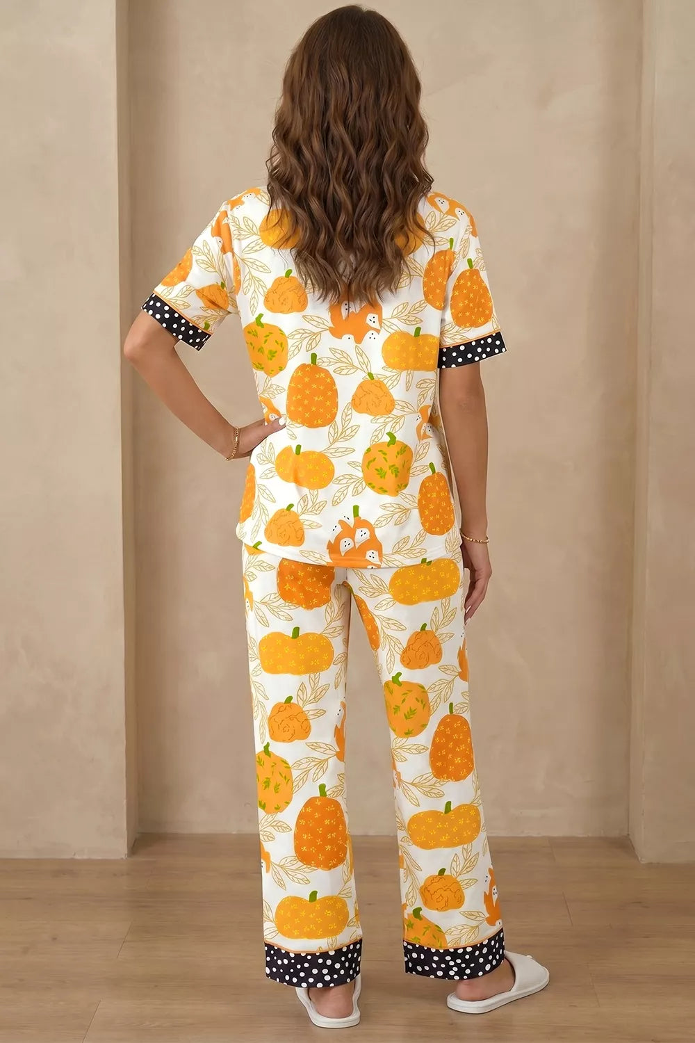 Short Sleeve Pumpkin Print Polka Dot Trim Pocket Placket Lounge Set - Lilixa.store