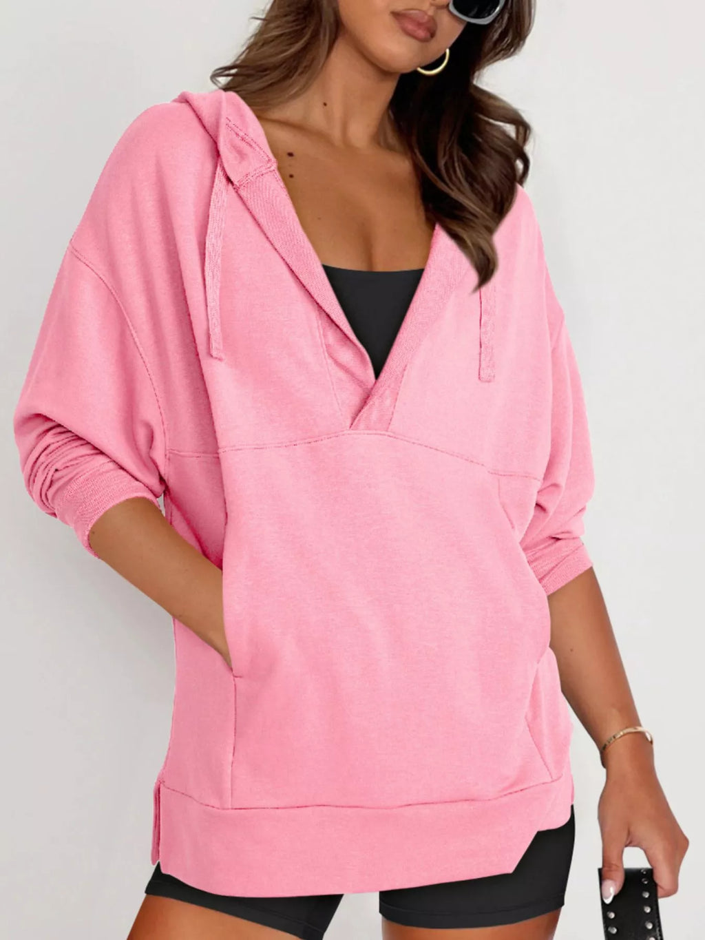Drawstring Kangaroo Pocket Long Sleeve Hoodie - Lilixa.store