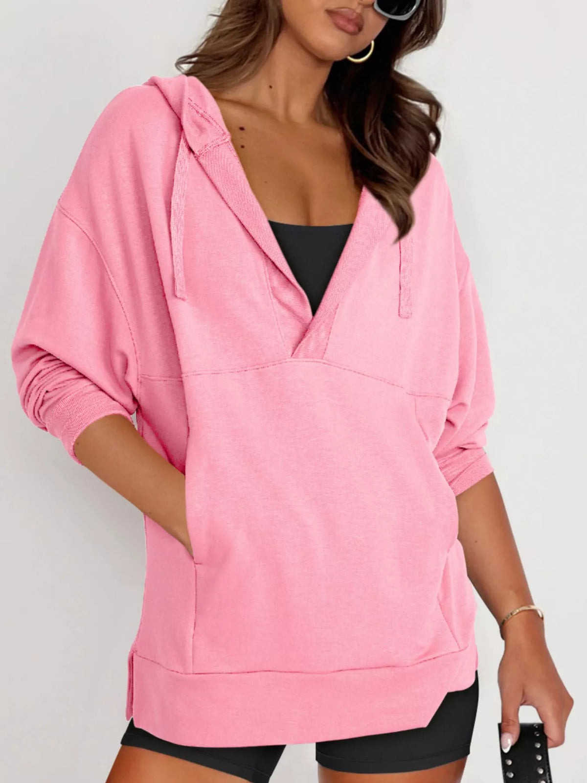 Drawstring Kangaroo Pocket Long Sleeve Hoodie - Lilixa.store