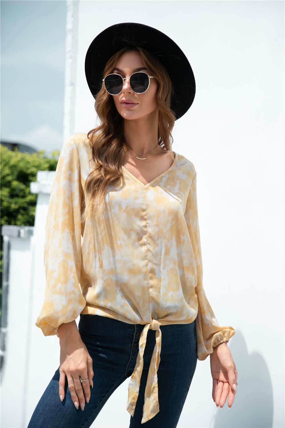 Tie-Dye Tied Balloon Sleeve Blouse in Light Yellow, view 6