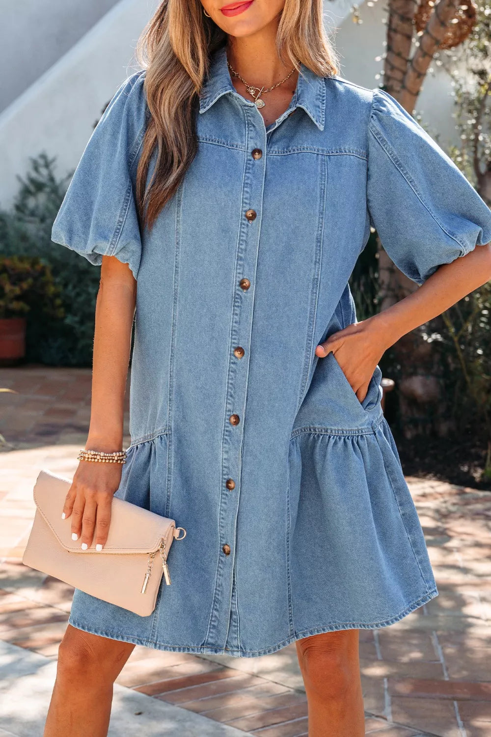 Button Down Short Puff Sleeve Ruffle Hem Denim Dress in Light Blue