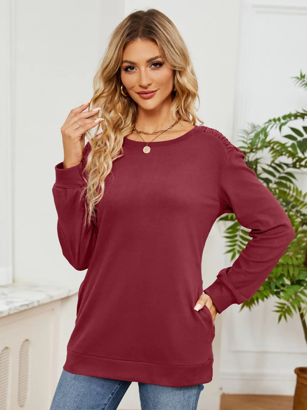 Ruched Shoulder Round Neck Long Sleeve Sweatshirt - Lilixa.store