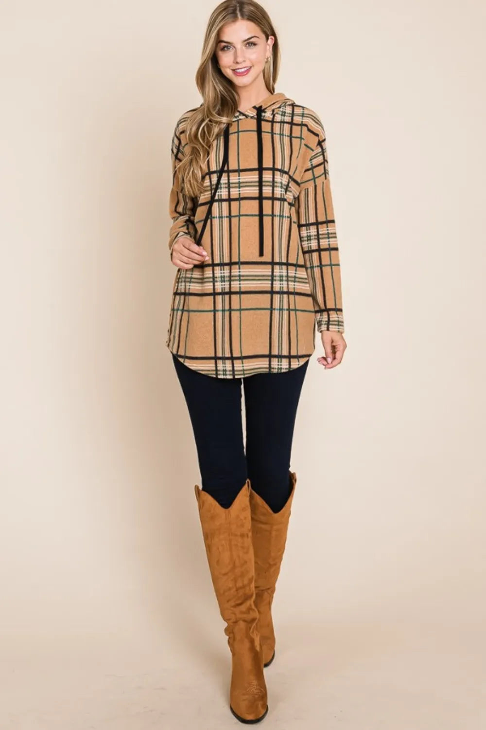 BOMBOM Drawstring Plaid Long Sleeve Hoodie - Lilixa.store