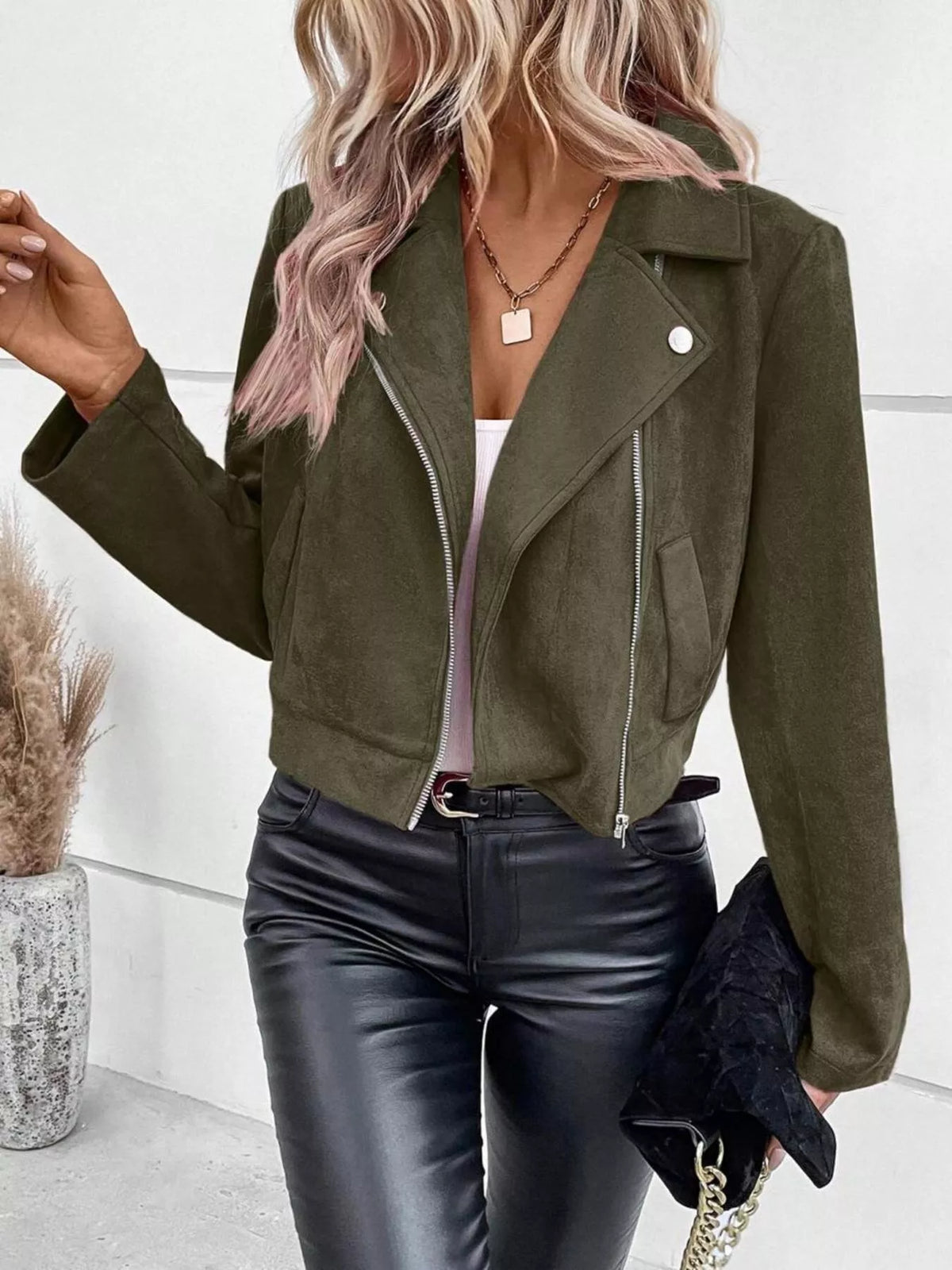 Zip Up Cropped Jacket in Green