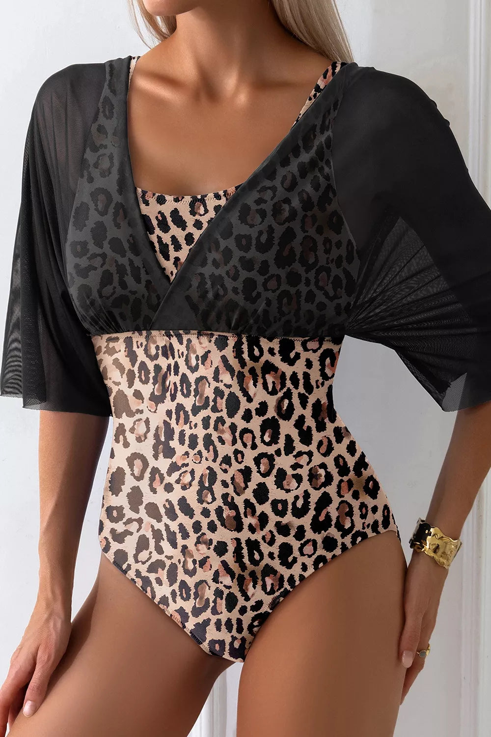 Mesh Patchwork V Neck Half Sleeve Bodycon One Piece Swimwear - Lilixa.store