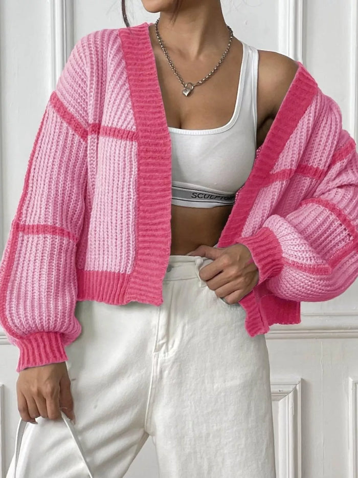 Color-Block Ribbed Knit Open-Front Cropped Cardigan in Pink